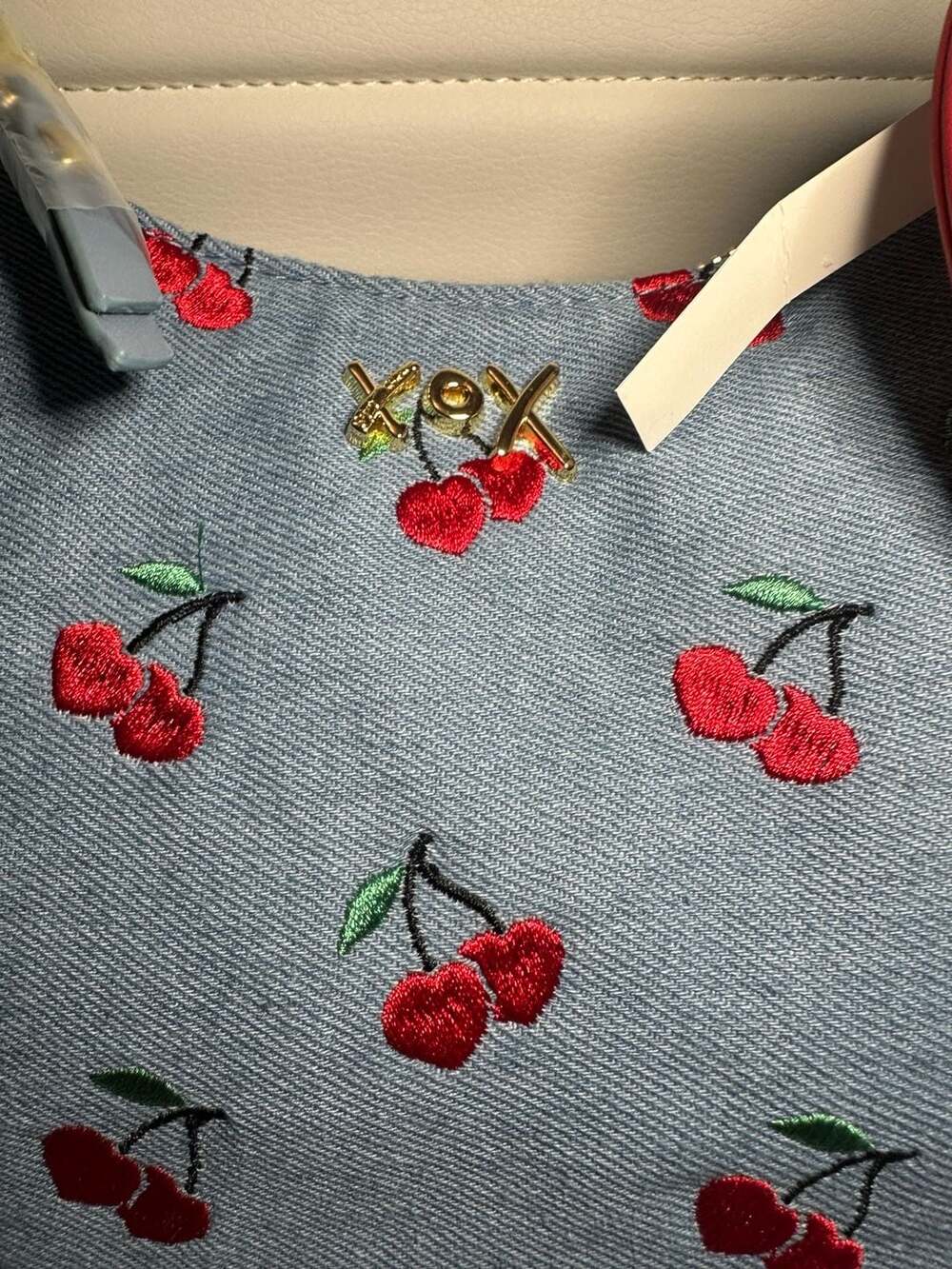 Betsey Johnson Xonorthy Denim Cherry Embroidered Crescent Shoulder Bag w/ Charm - Picture 2 of 8